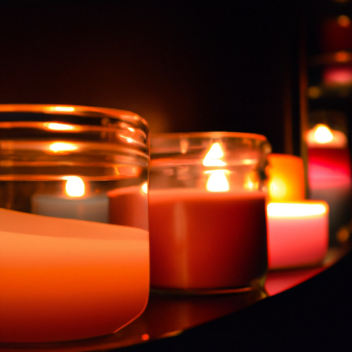 Ayed shelf of warmly lit, long-burning candles in an inviting variety of colors and scents, with soft light reflecting off the glass jars