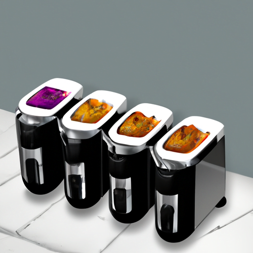An image showcasing a pristine, modern kitchen countertop adorned with seven sleek and compact air fryers in various vibrant colors, emitting tantalizing aromas of golden, crispy foods
