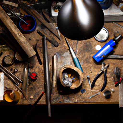 investing-in-pro-quality-jewelry-making-tools-for-advanced-techniques.png An image showcasing a well-lit workshop with a jeweler's bench adorned with high-quality precision tools: a micro torch, jeweler's saw, precision pliers, and a variety of files and hammers