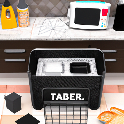 An image showcasing a toaster oven with a variety of affordable accessories, such as a pizza stone, baking rack, air fryer basket, and crumb tray, arranged neatly on a kitchen countertop